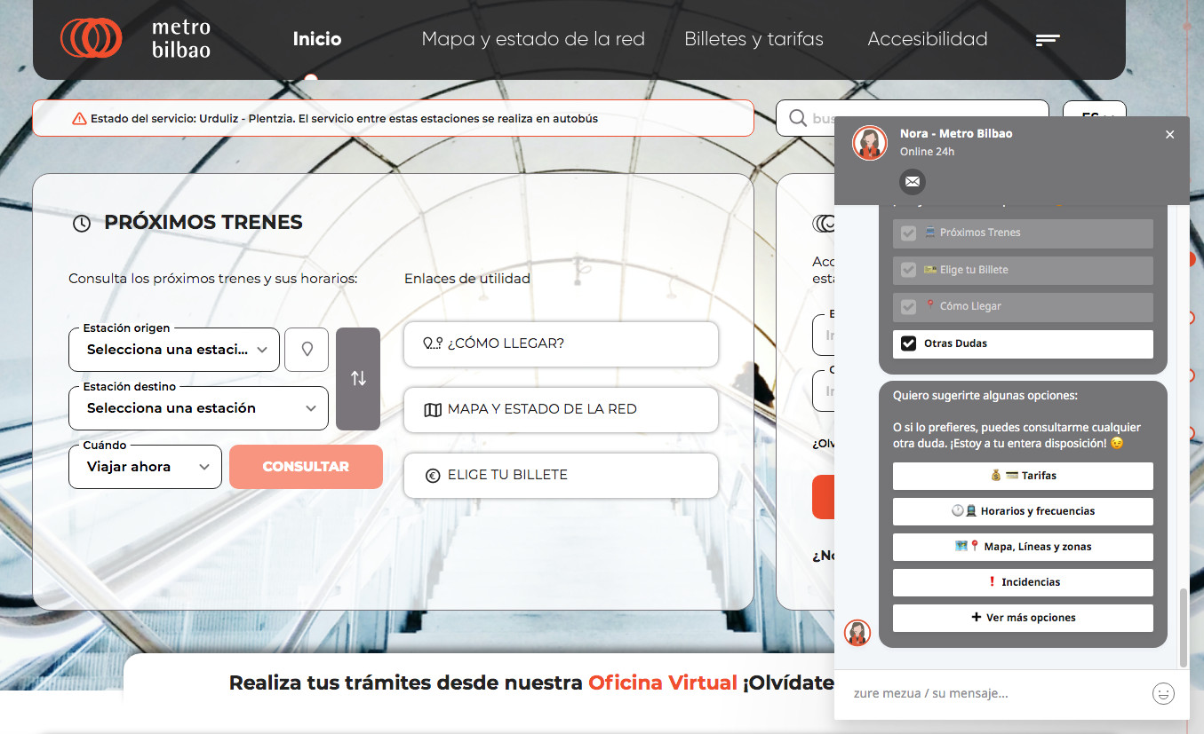 Metro Bilbao incorpora un chatbot en su nueva pagina web